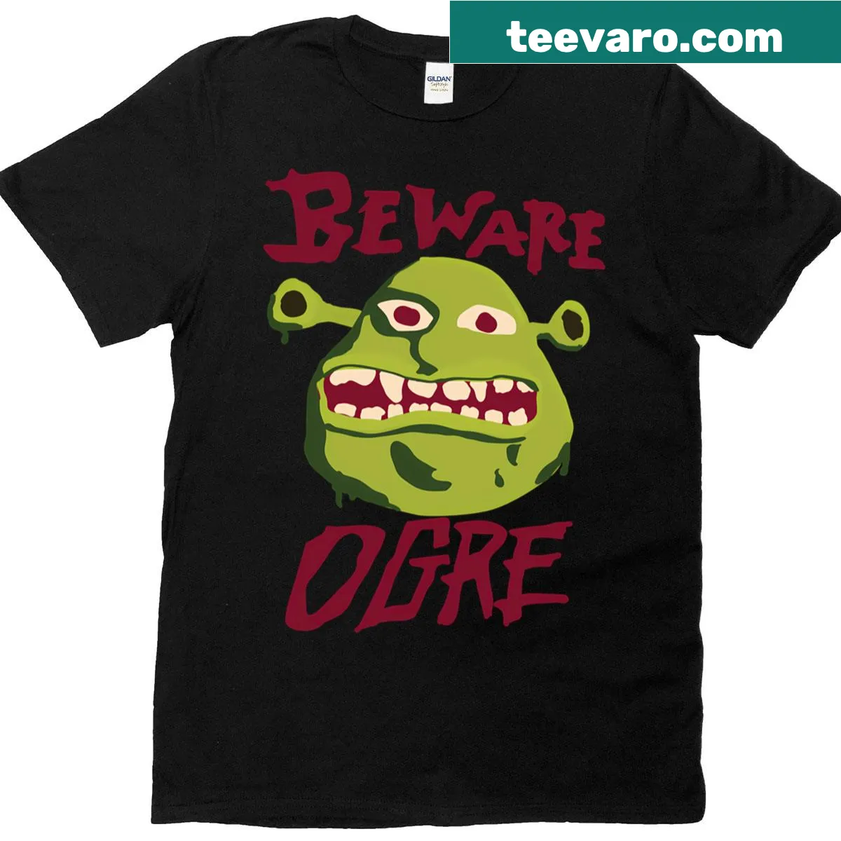 Playful 'Beware Ogre' illustrated design on a T-shirt — on a men's t-shirt