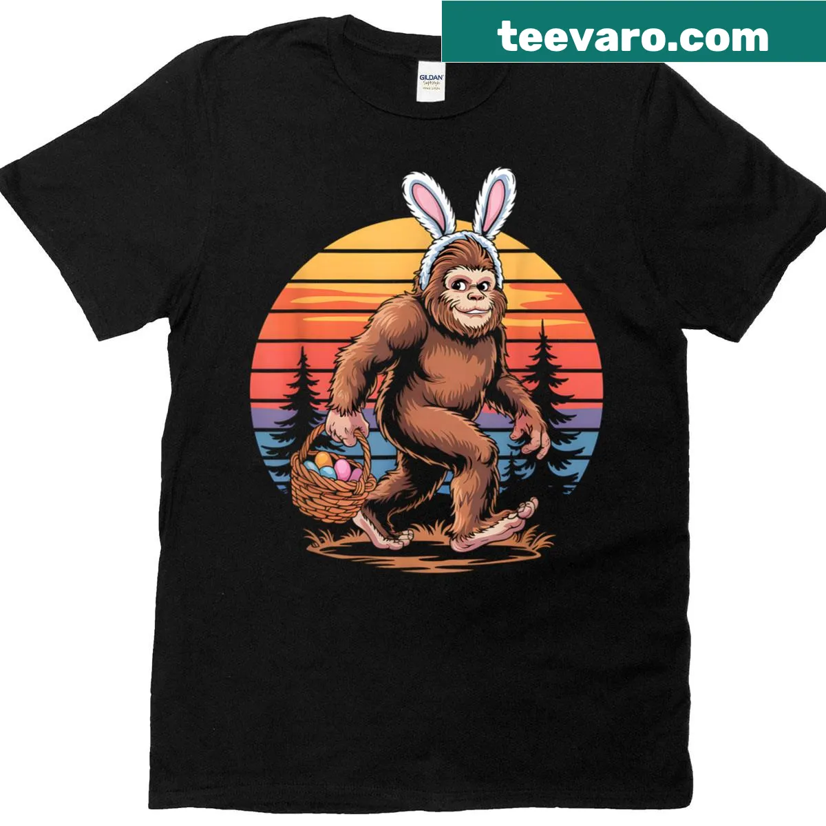 Retro design with Bigfoot, bunny, and Easter eggs. — on a men's t-shirt