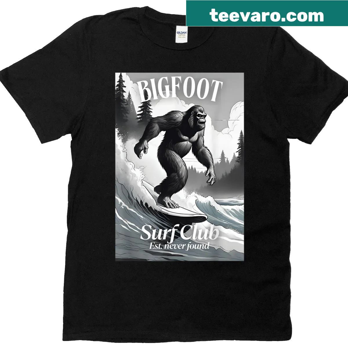 Illustrated Bigfoot surfing graphic T-shirt — on a men's t-shirt
