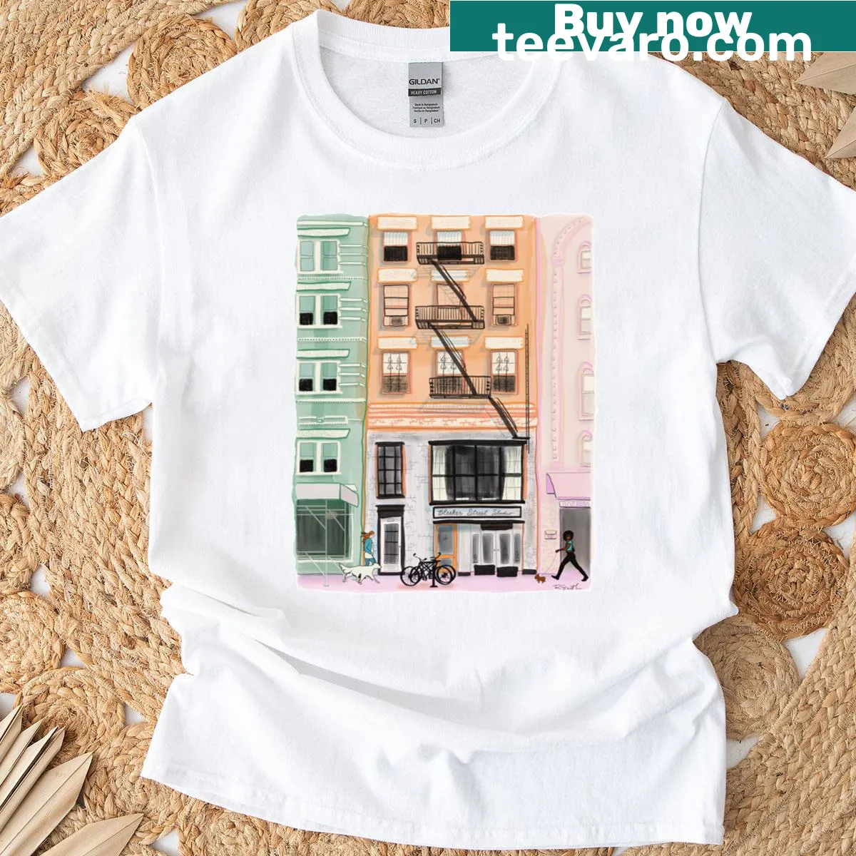 Illustrative Bleeker Street summer-themed T-shirt — on a men's t-shirt