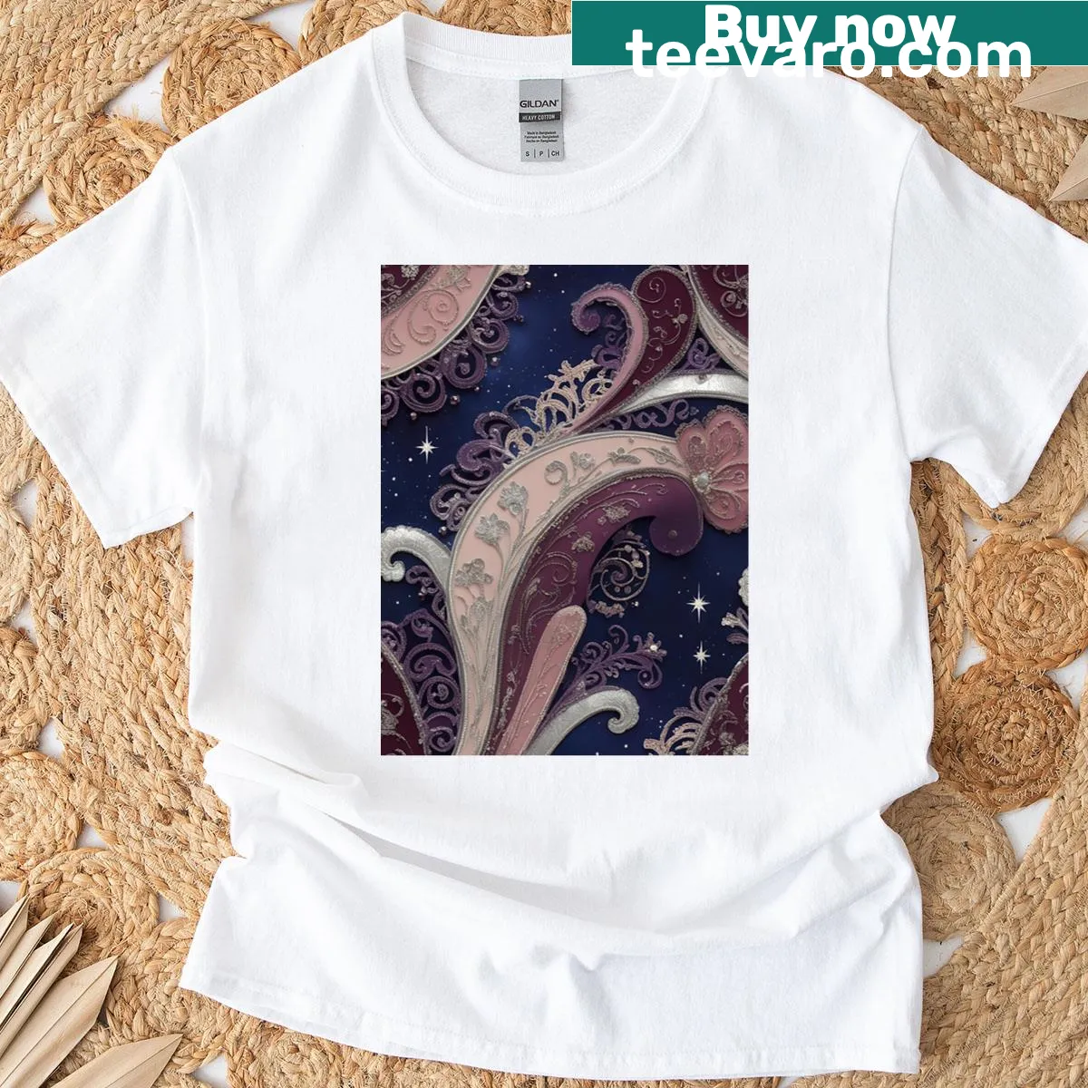 T-shirt with intricate ornamental art and detailed patterns — on a men's t-shirt