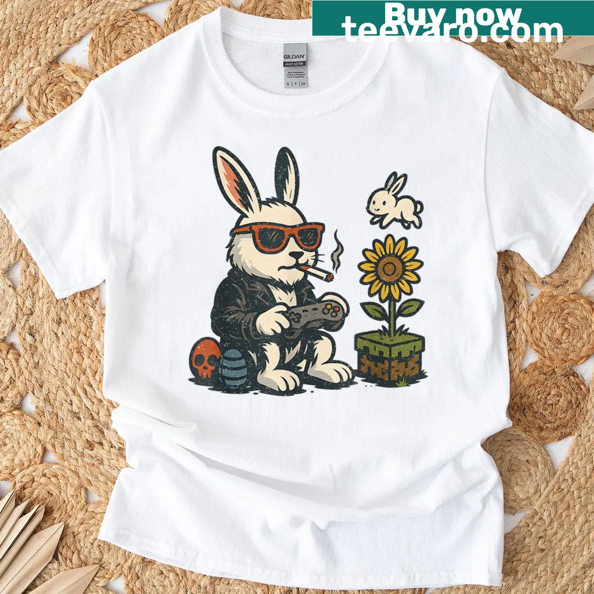 Cute Easter T-shirt featuring a bunny, eggs, and gaming elements — on a men's t-shirt