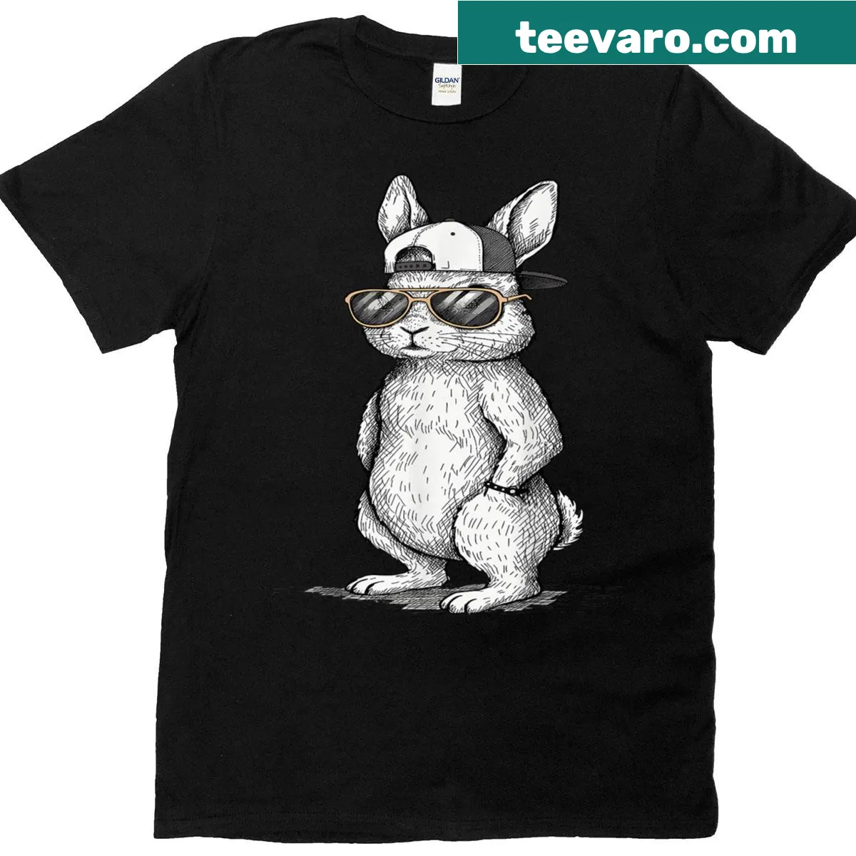 Cute bunny face with sunglasses graphic on a t-shirt — on a men's t-shirt
