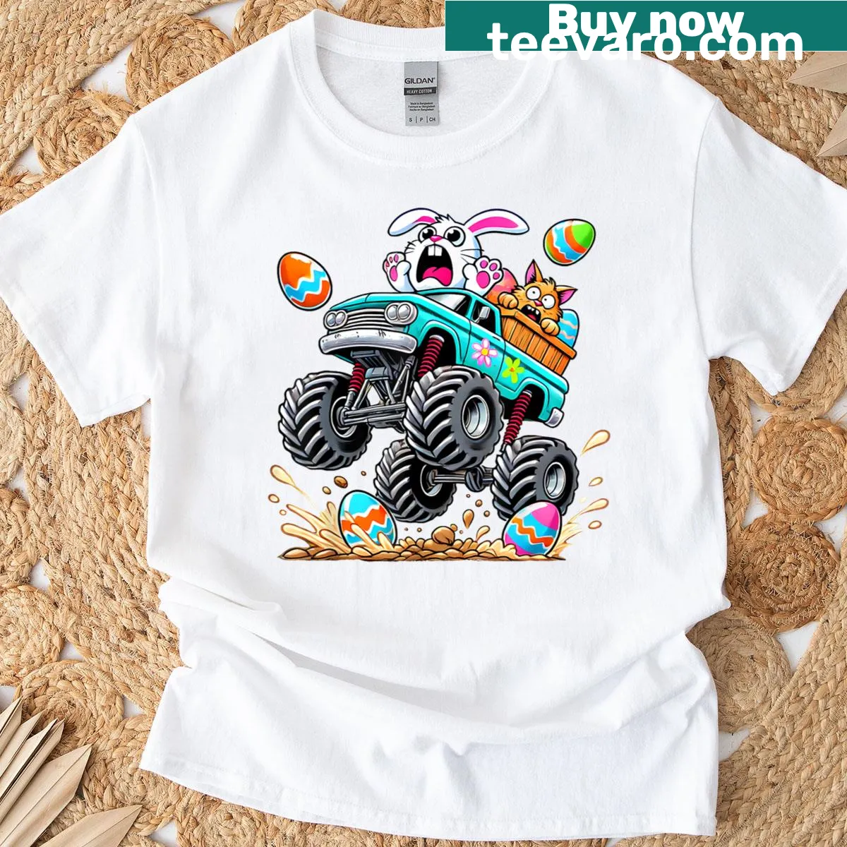 Monster truck with a bunny for Easter t-shirt — on a men's t-shirt