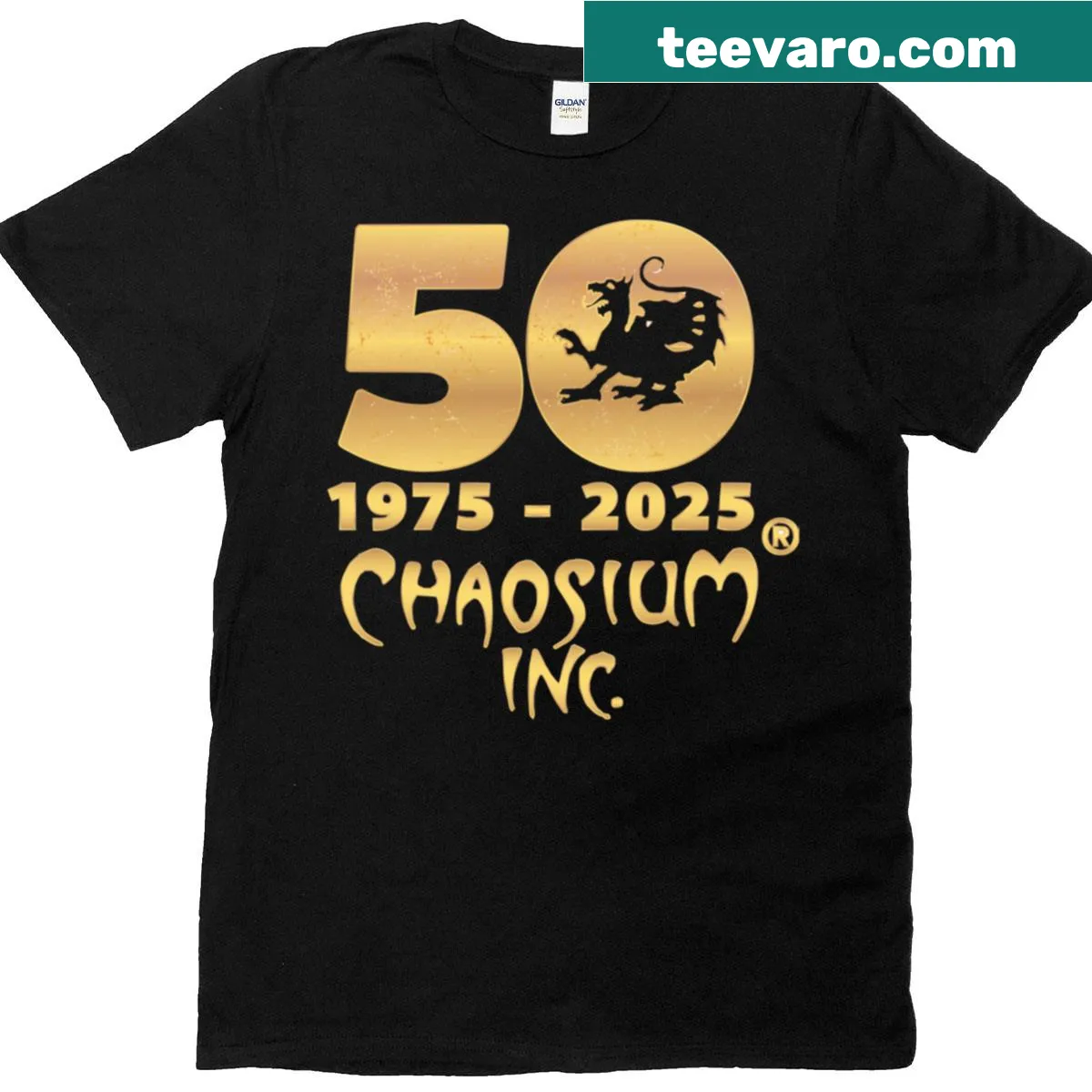 Chaosium 50th Anniversary t-shirt featuring the official logo — on a men's t-shirt