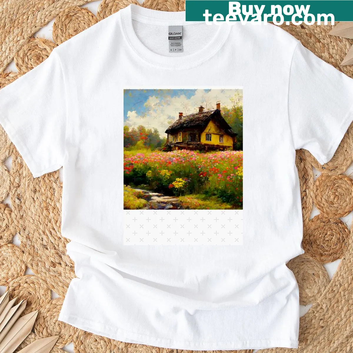 Illustrated rustic cottage surrounded by wildflowers on a t-shirt — on a men's t-shirt