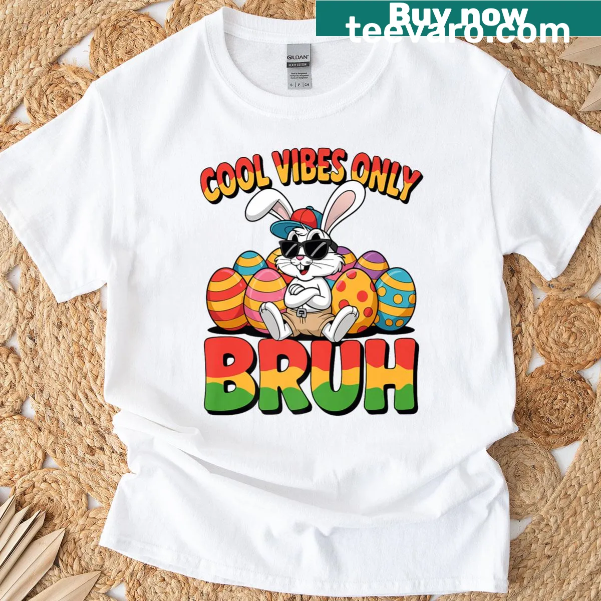 Playful Easter bunny t-shirt with 'Cool Vibes Only' text — on a men's t-shirt