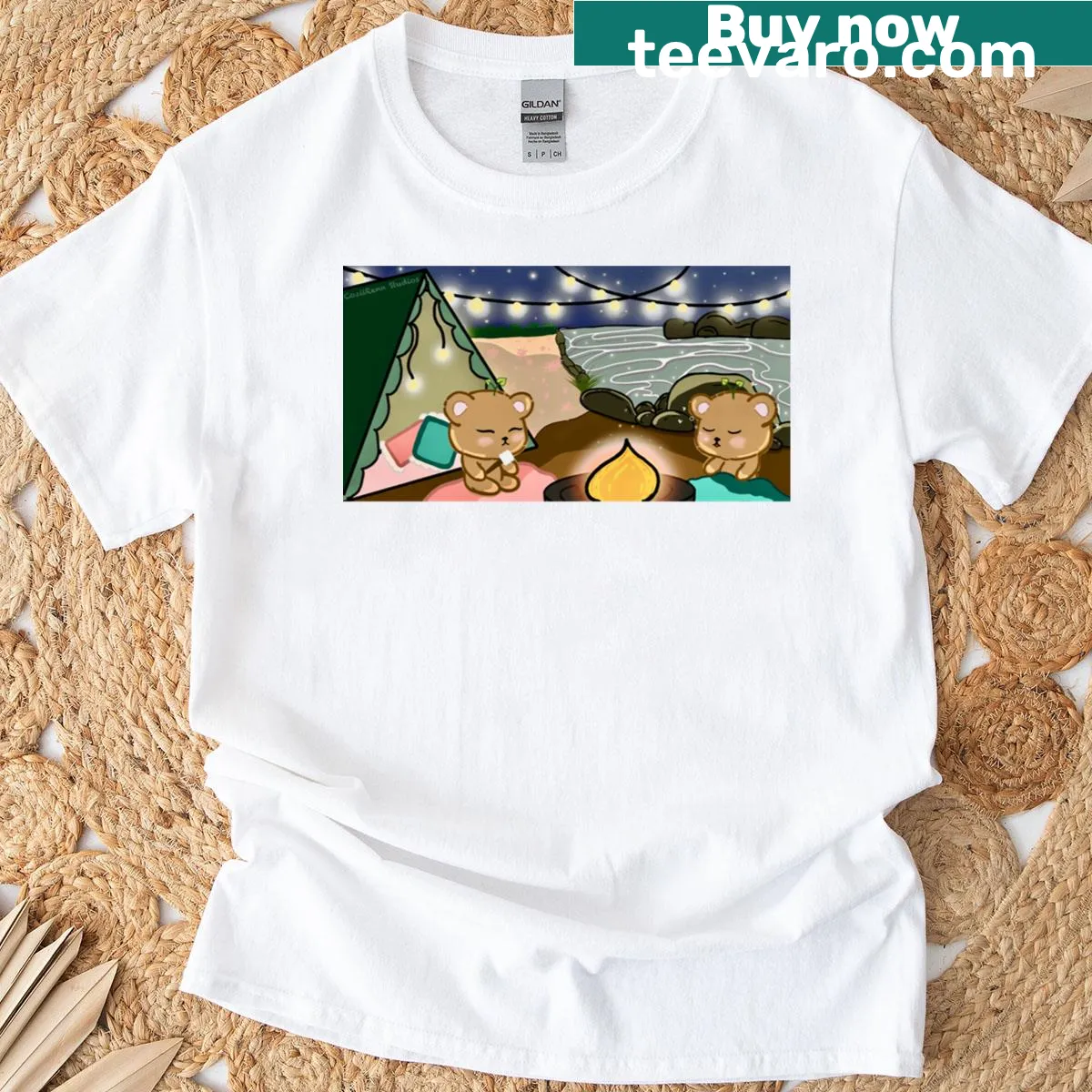 Illustrative T-shirt featuring cozy camping theme with bear sprouts — on a men's t-shirt