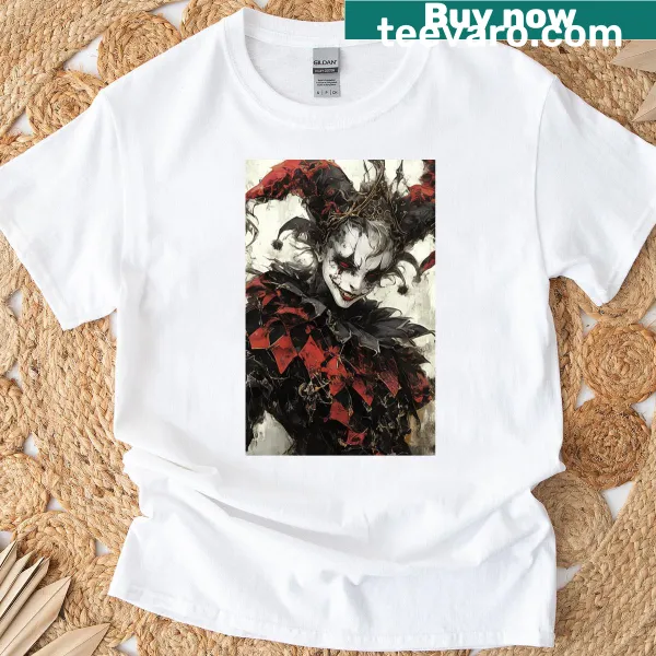 Edgy T-shirt featuring a shadowed harlequin with crimson details
