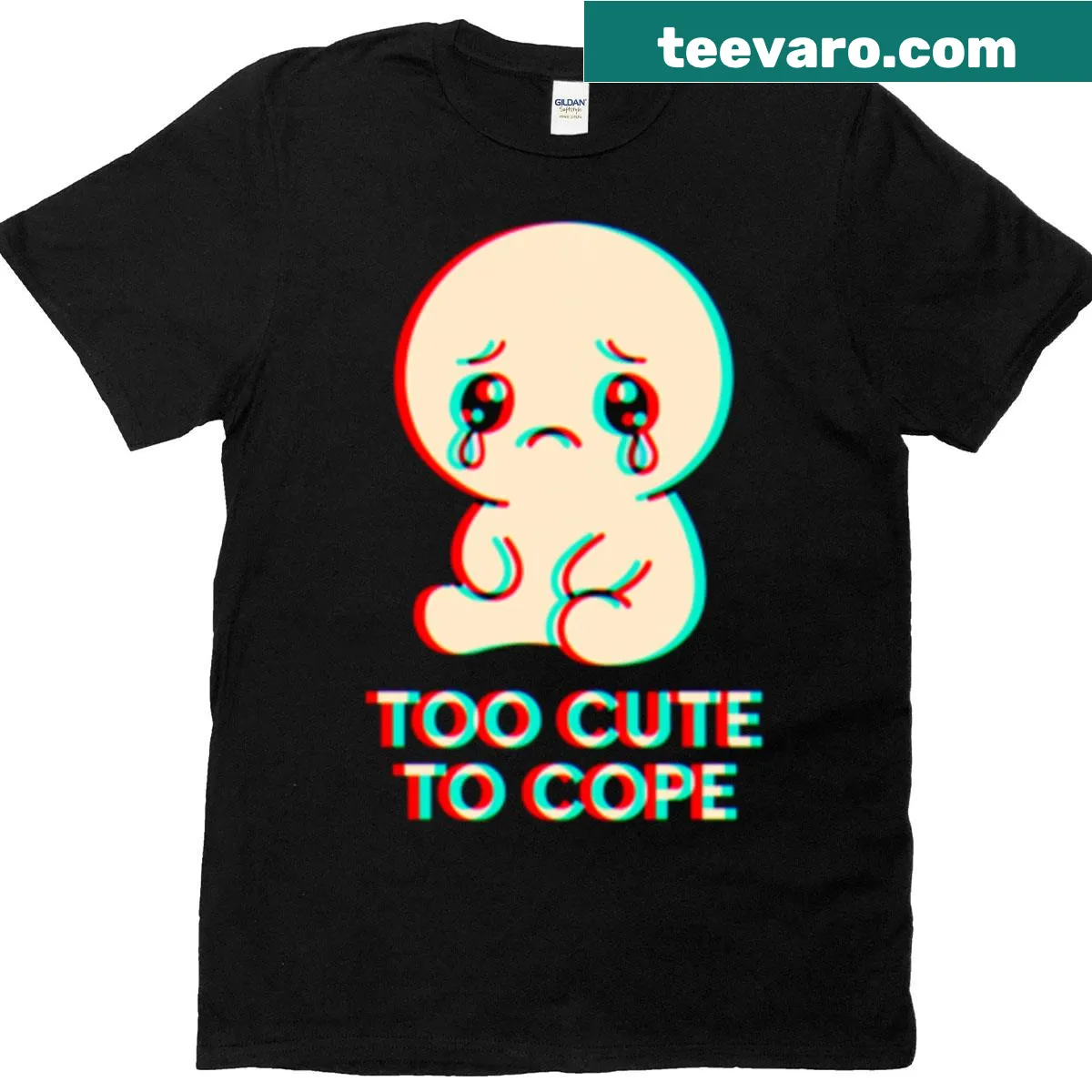 Funny T-shirt with a crying cute character and glitch quote — on a men's t-shirt