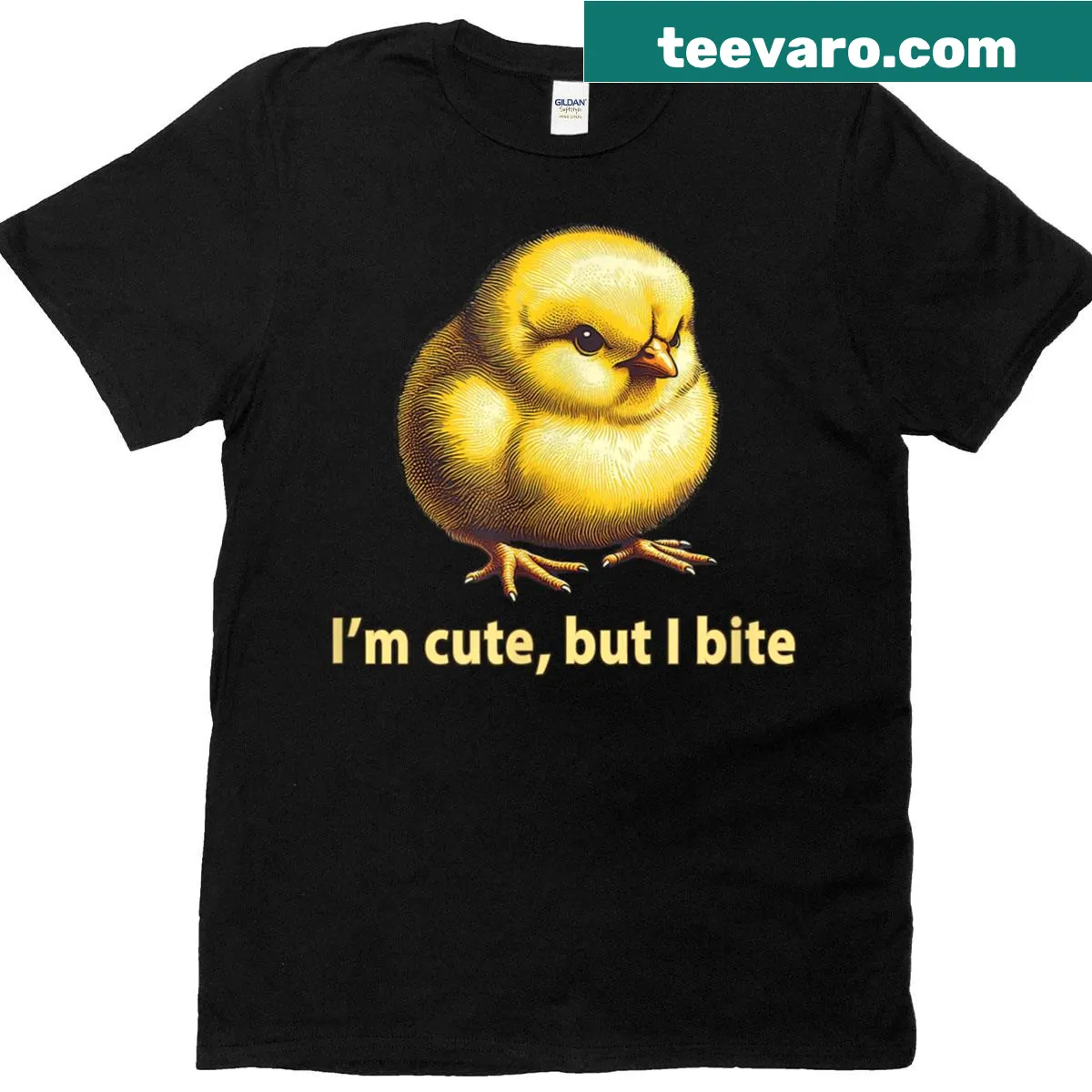 Cute cartoon baby chick and angry chicken graphic on T-shirt. — on a men's t-shirt