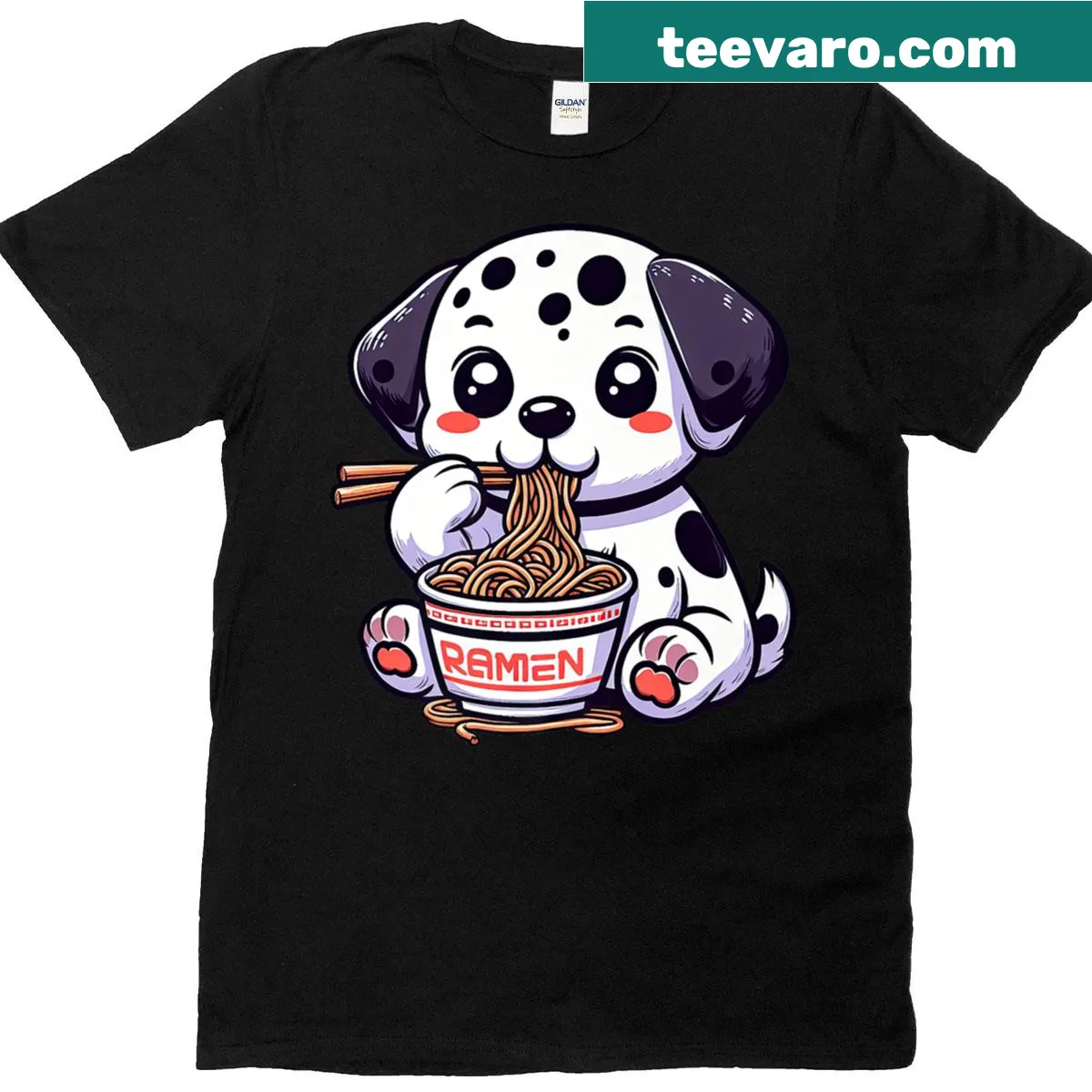 Kawaii Dalmatian enjoying ramen illustration on a cute t-shirt — on a men's t-shirt
