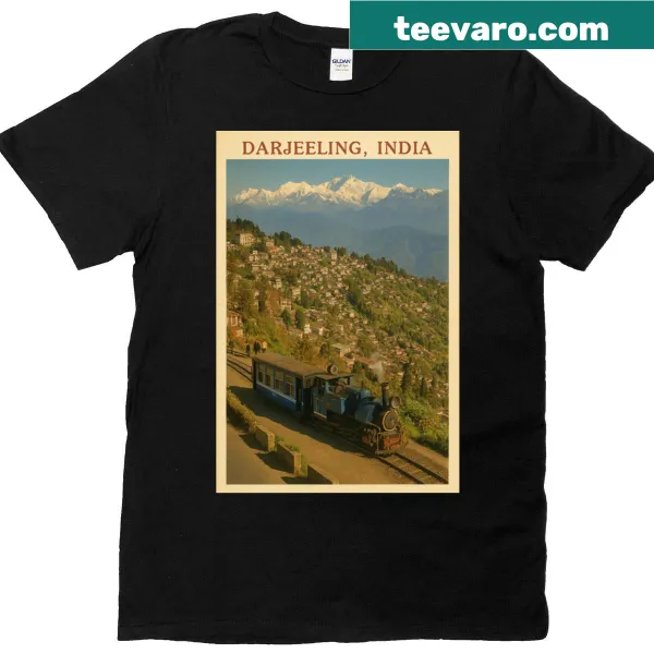 Illustration of Darjeeling toy train and Himalayas on a t-shirt