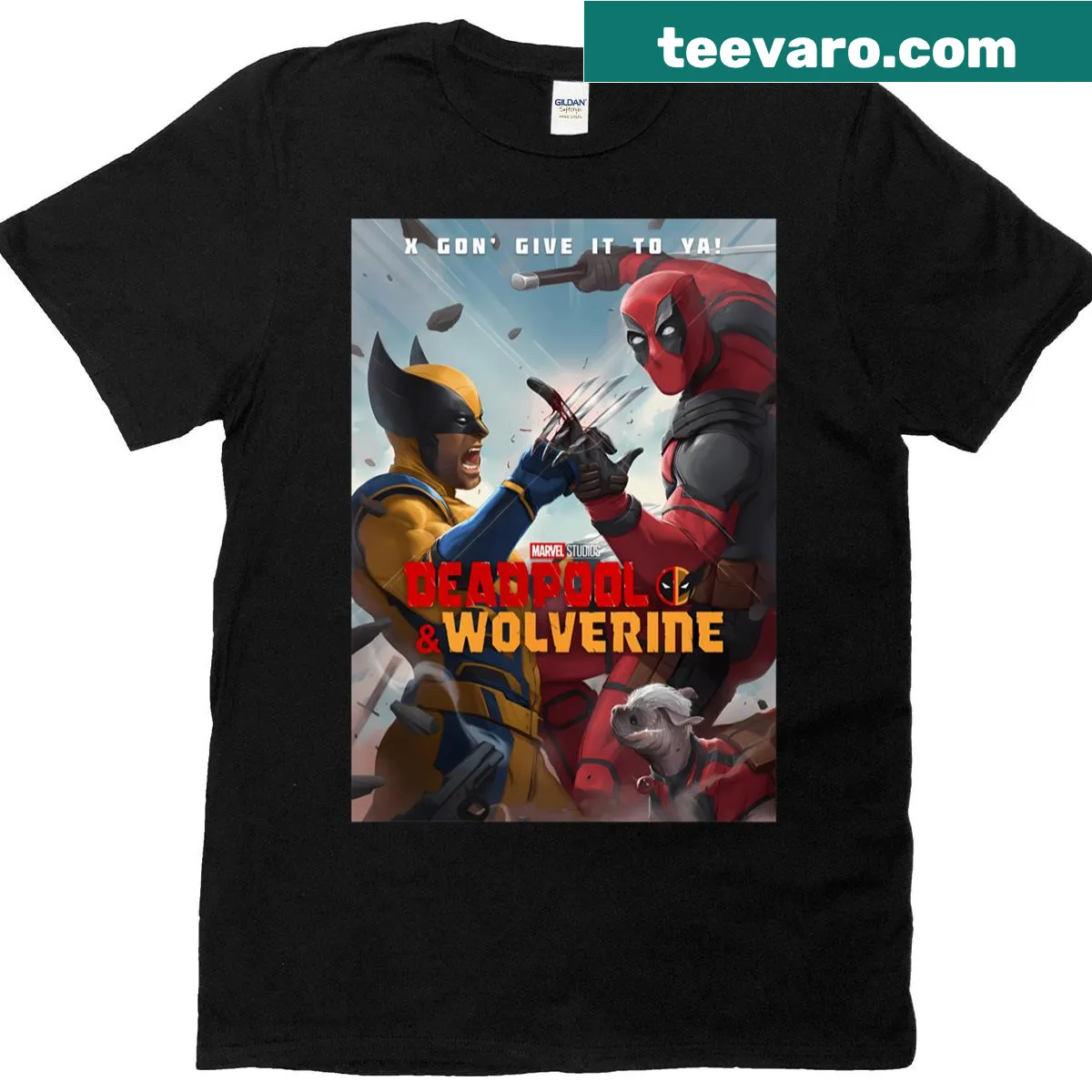 Illustration of Deadpool and Wolverine in a playful pose on a t-shirt — on a men's t-shirt