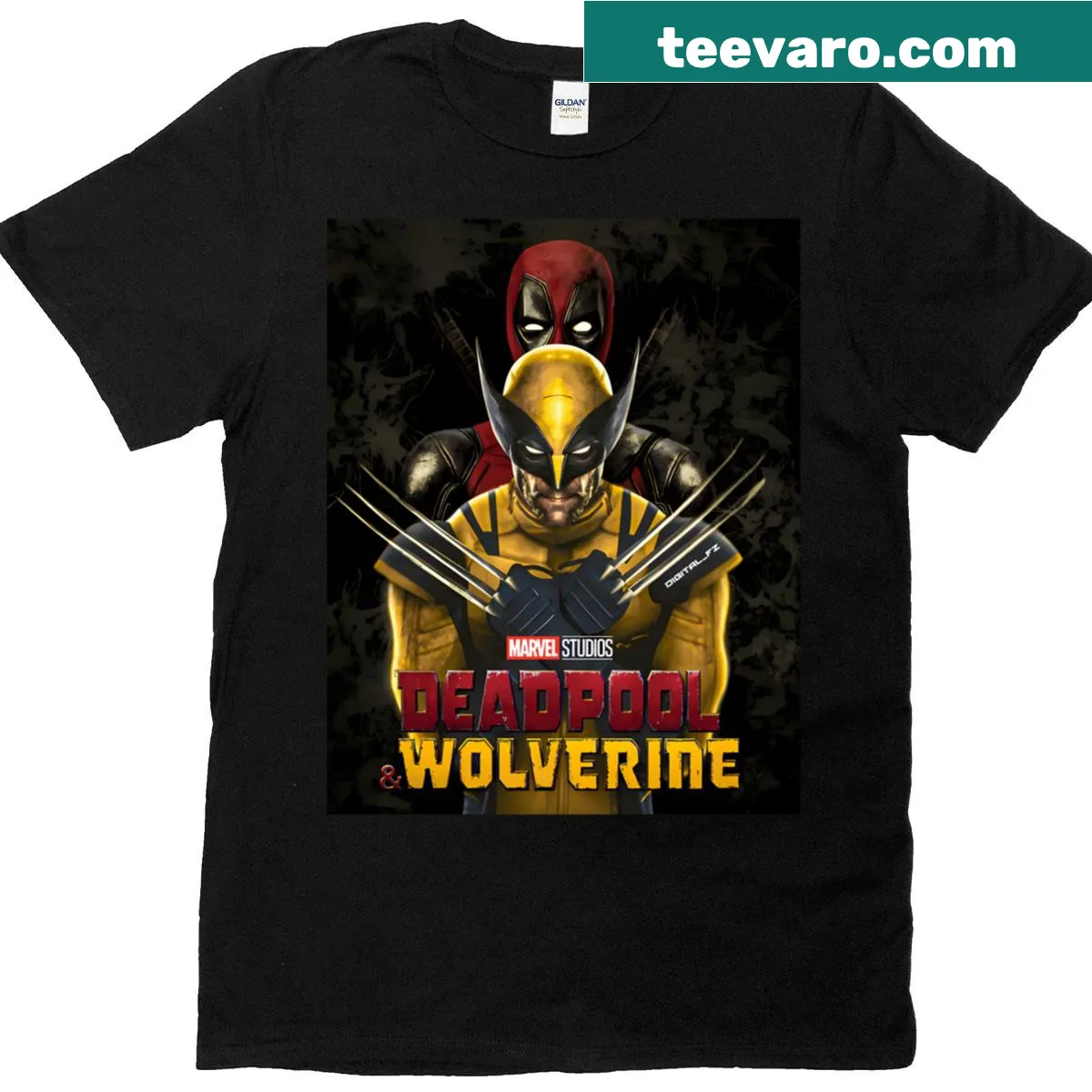 Playful T-shirt with Deadpool and Wolverinee cartoon art. — on a men's t-shirt