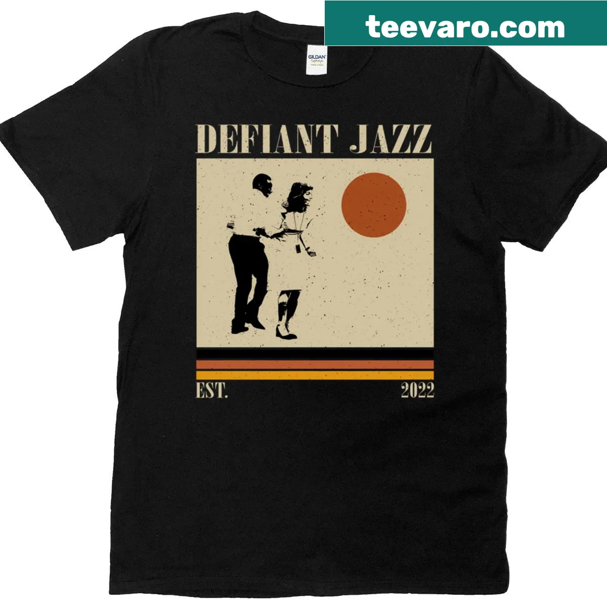 Retro Defiant Jazz TV series themed t-shirt — on a men's t-shirt