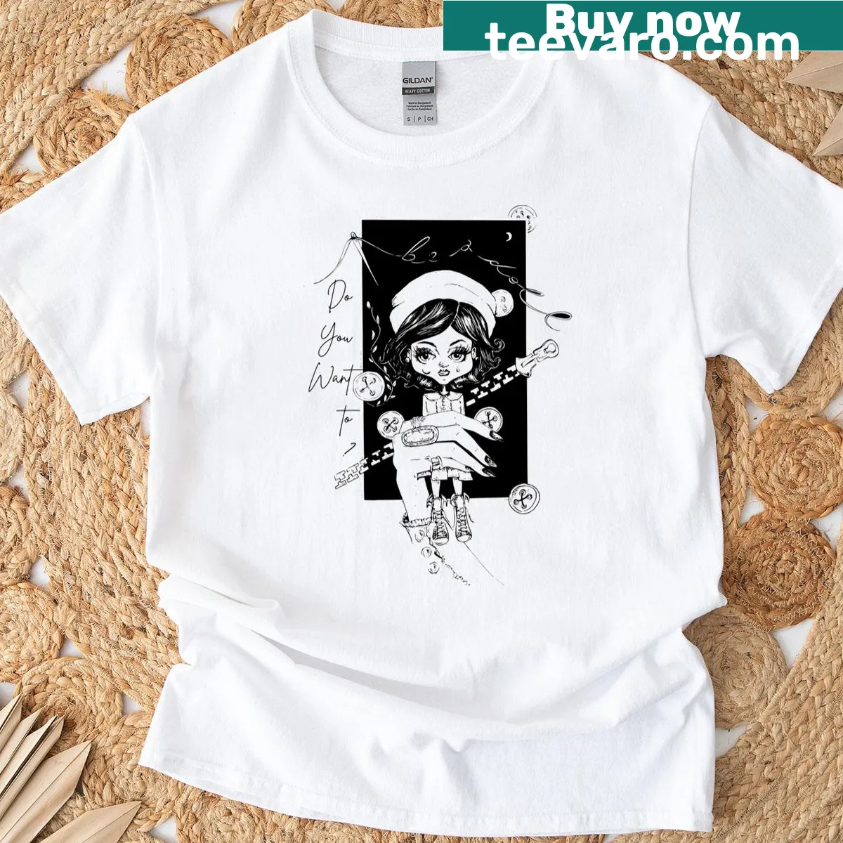 Playful t-shirt with typography asking if you want to be a doll — on a men's t-shirt