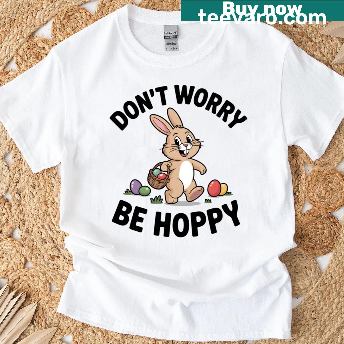 Cute Easter-themed t-shirt with a bunny and pun — on a men's t-shirt