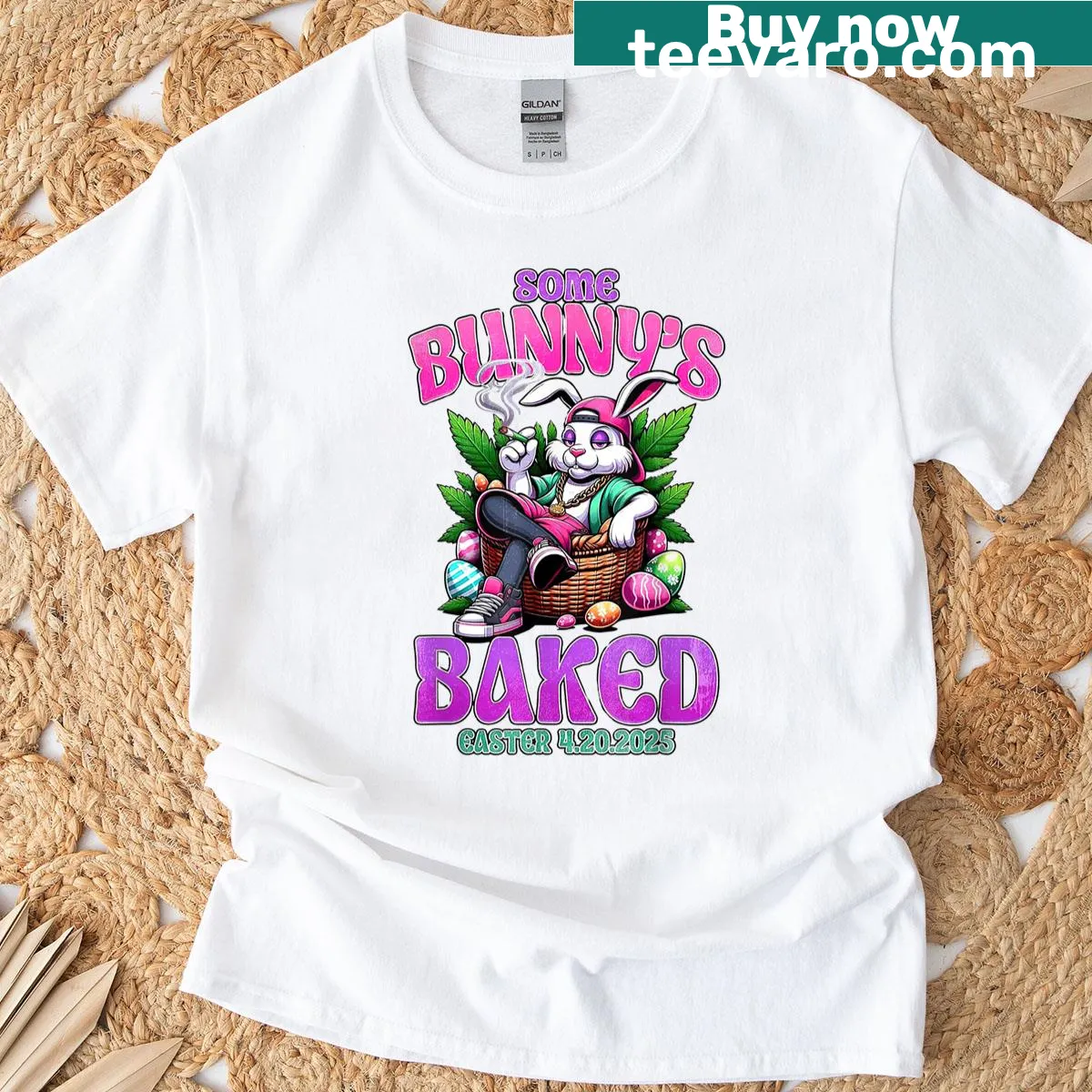 Whimsical Easter t-shirt with bunny baking design — on a men's t-shirt
