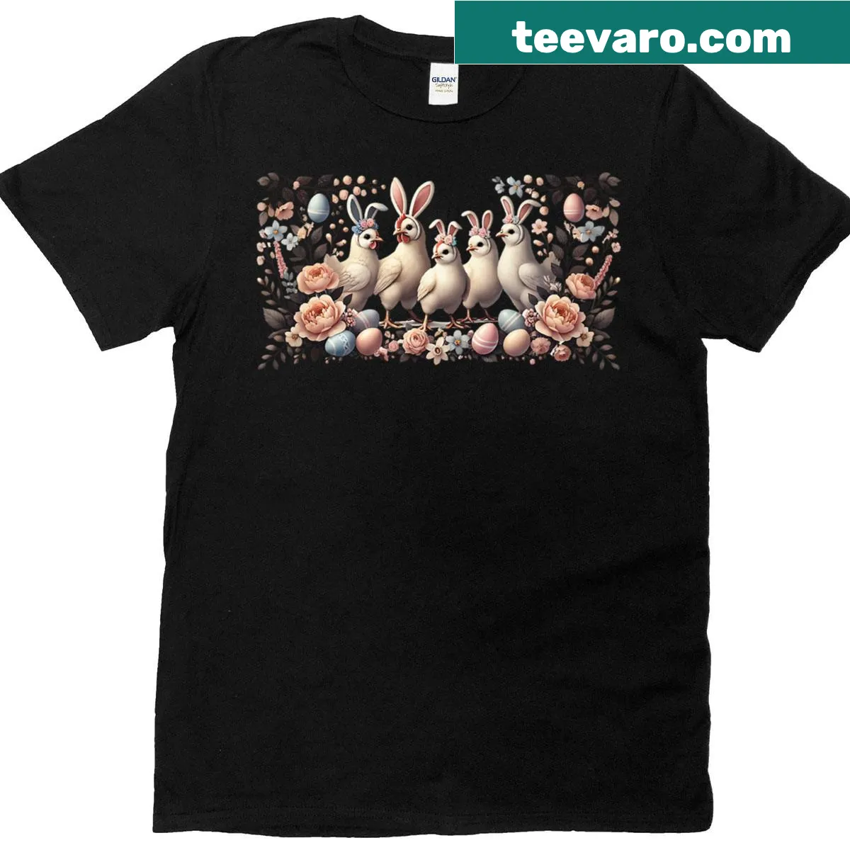 Vintage-style Easter t-shirt with cartoon chickens and rabbits — on a men's t-shirt