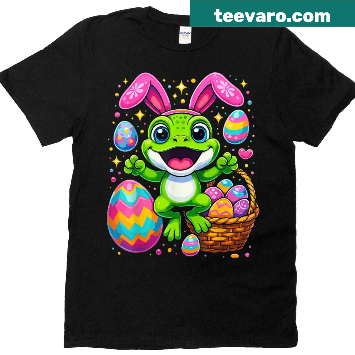 Funny T-shirt with a frog dressed as a bunny for Easter. — on a men's t-shirt