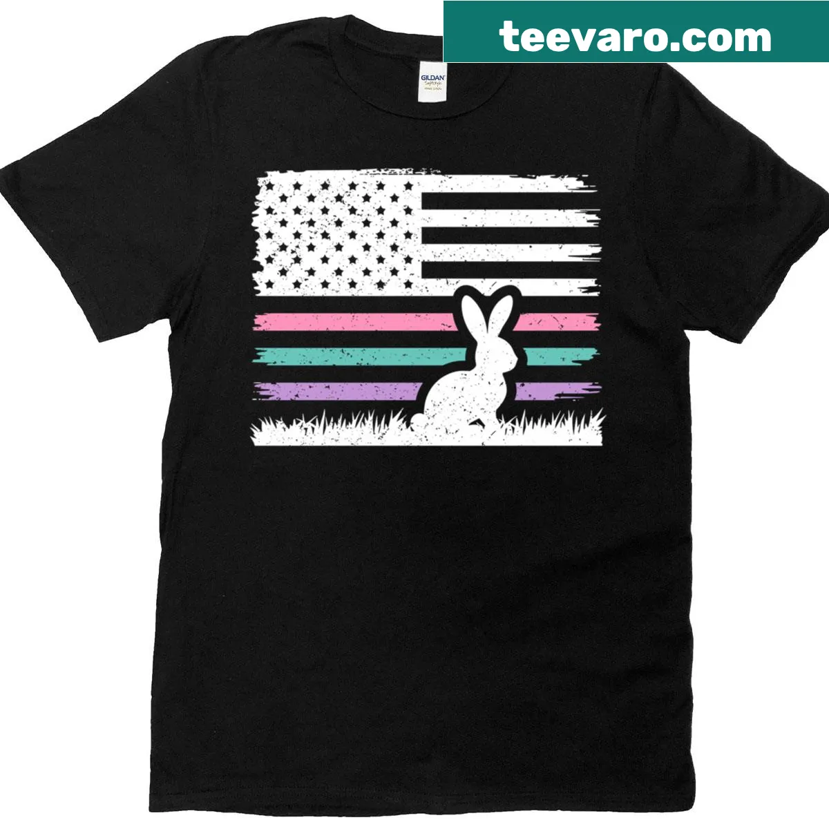 Patriotic Easter Egg Bunny T-shirt with American flag design — on a men's t-shirt