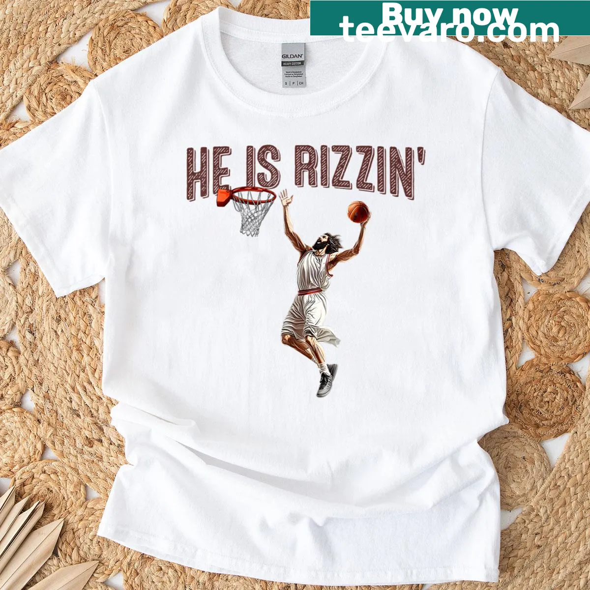 Easter t-shirt for boys with 'He Is Rizzin' slogan — on a men's t-shirt