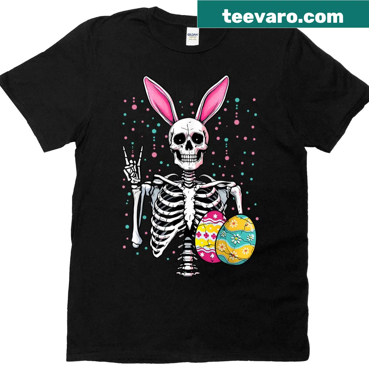 Easter t-shirt with a skeleton bunny and rock hand design for kids. — on a men's t-shirt