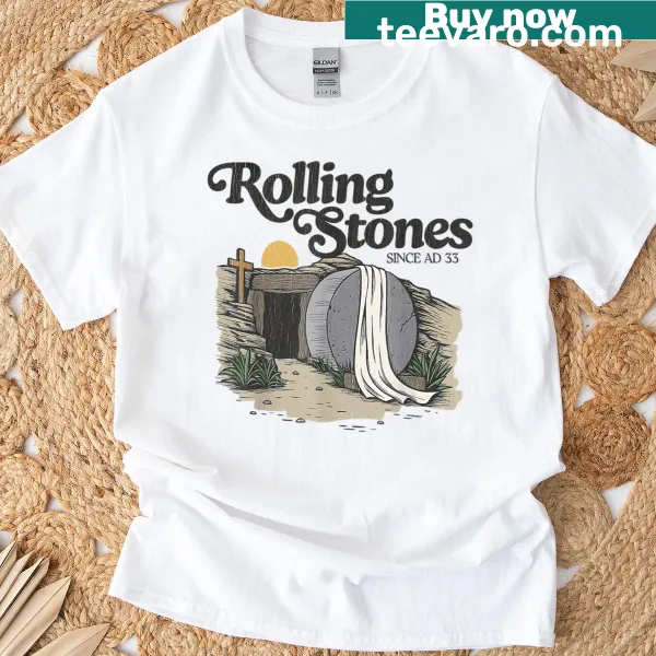 Retro Easter t-shirt with the phrase He Is Alive and a stone graphic