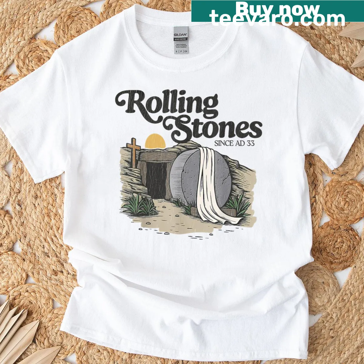 Retro Easter t-shirt with the phrase He Is Alive and a stone graphic — on a men's t-shirt