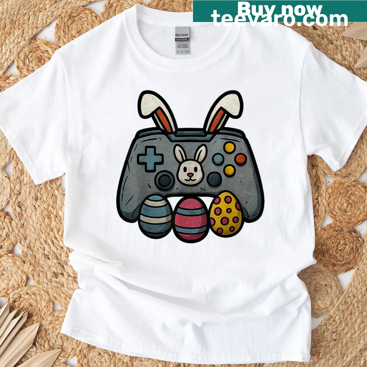 Easter-themed t-shirt with a gaming bunny surrounded by colorful eggs — on a men's t-shirt