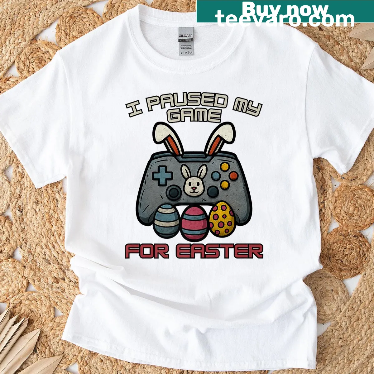 Easter T-shirt featuring a cartoon video game bunny and eggs — on a men's t-shirt