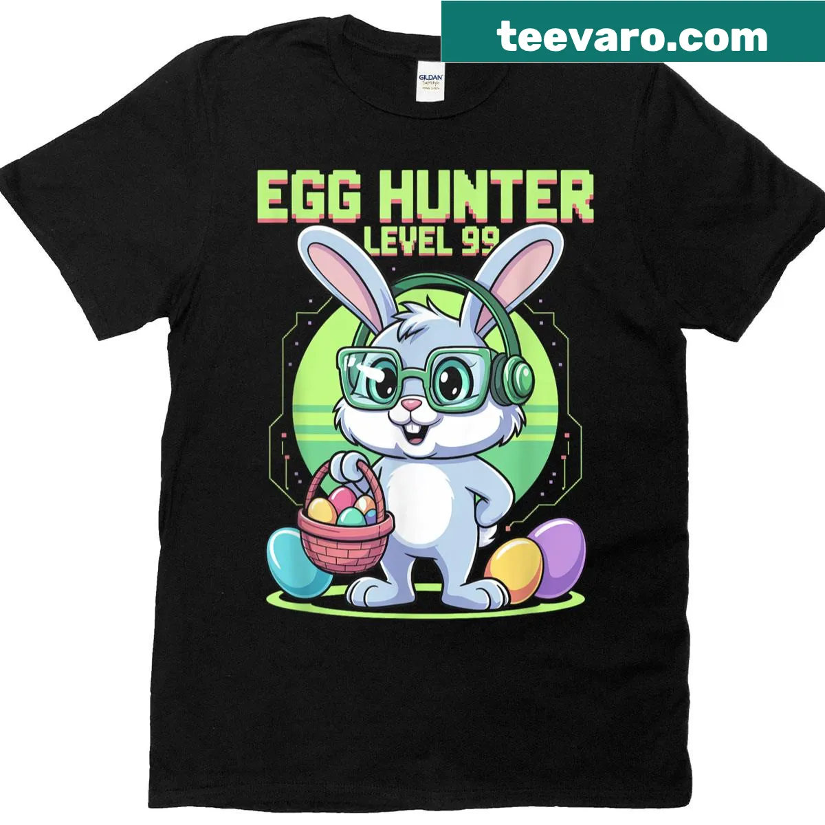 Playful gaming Easter Bunny T-shirt with 'Egg Hunter Level 99' phrase — on a men's t-shirt