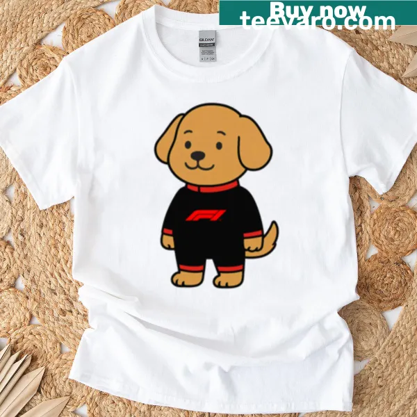 Cartoon-style T-shirt featuring a racing dog in a fun graphic