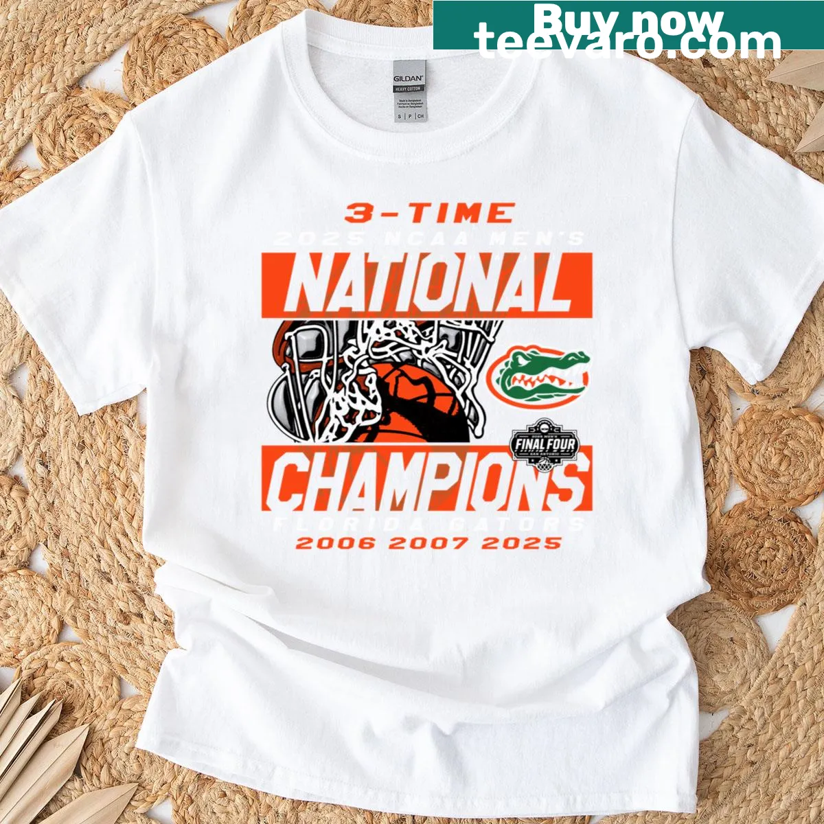 Florida Gators 2025 National Champs t-shirt with basketball net graphic — on a men's t-shirt