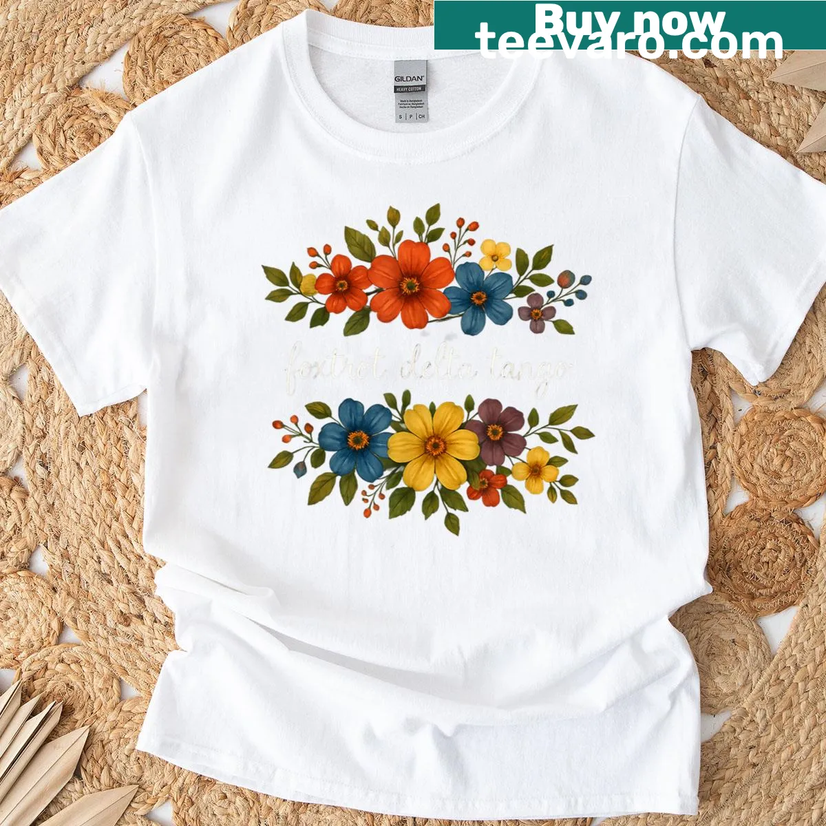 Vintage floral design T-shirt with Foxtrot Tango Delta text — on a men's t-shirt