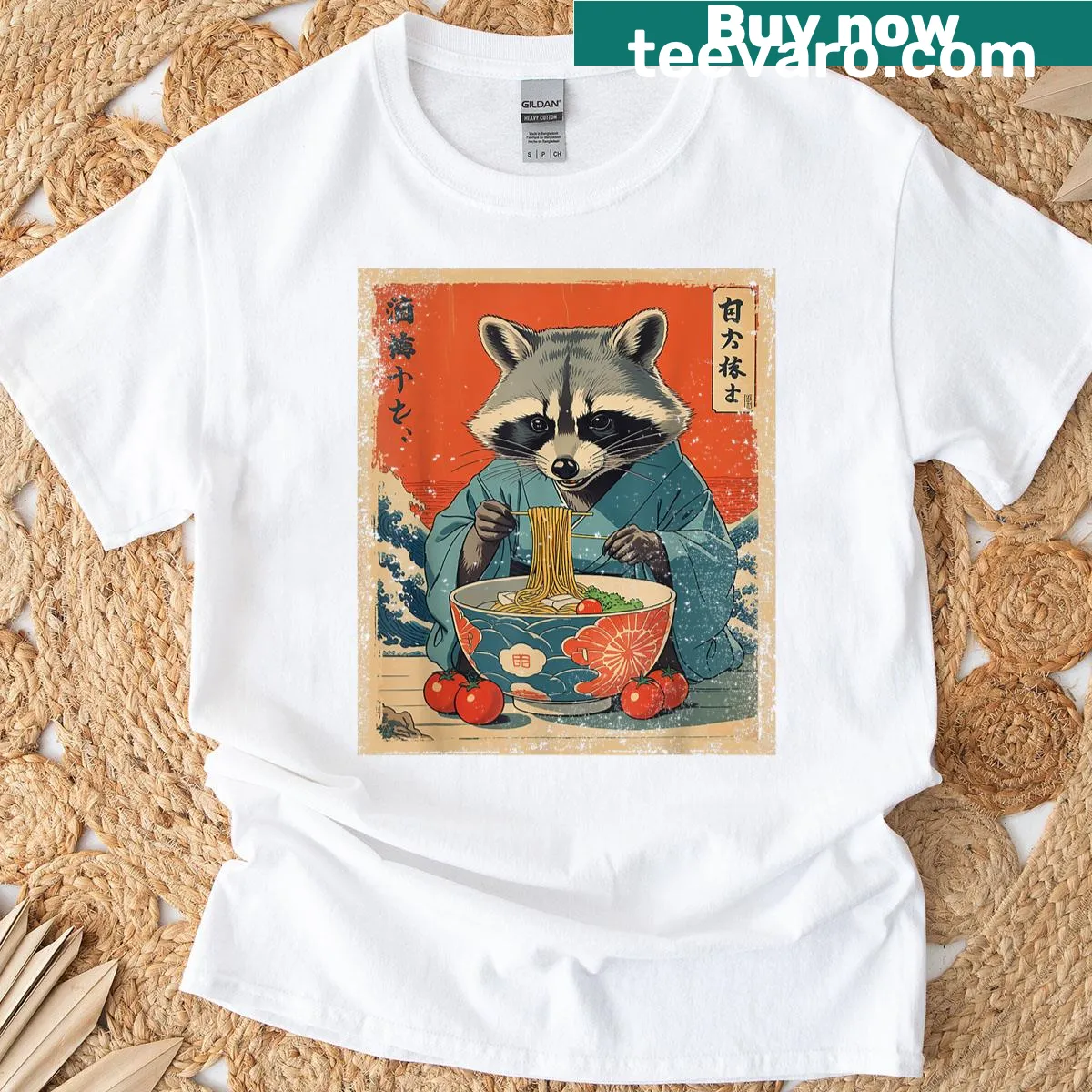 Cartoon raccoon enjoying ramen noodles in an anime style — on a men's t-shirt