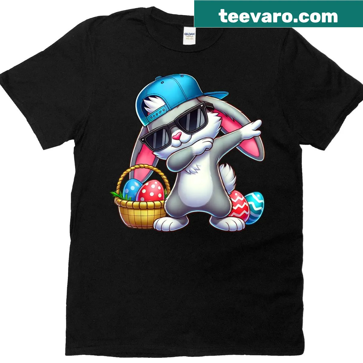 Cartoon rabbit dabbing among colorful Easter eggs on a t-shirt — on a men's t-shirt