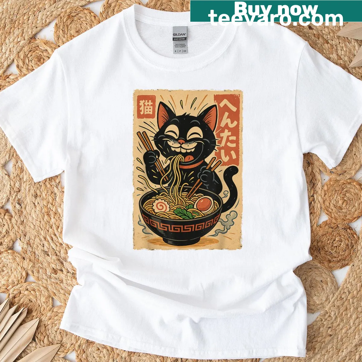 Cartoon cat enjoying ramen in a vintage-style graphic T-shirt — on a men's t-shirt