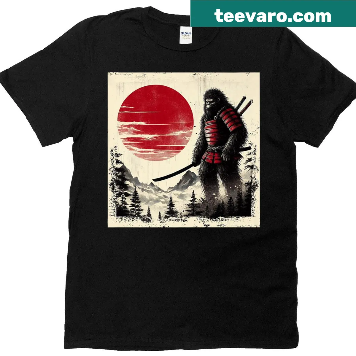 Vintage-style t-shirt with samurai Bigfoot illustration — on a men's t-shirt