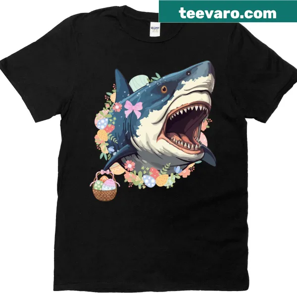 T-shirt featuring a humorous shark with bunny ears and an Easter basket