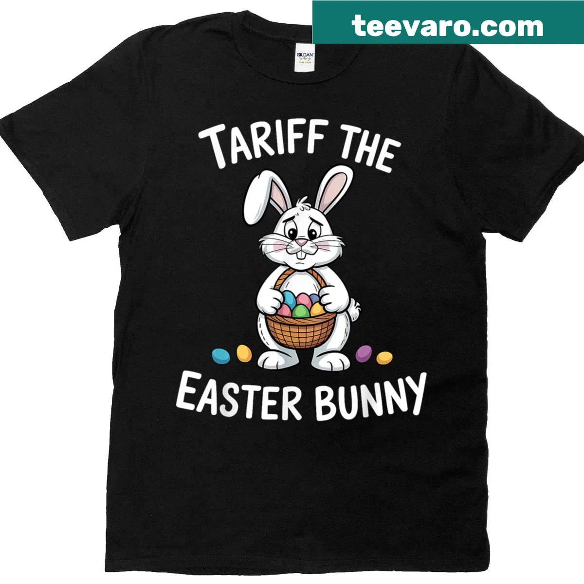 Sarcastic T-shirt featuring protest sign holding Easter Bunny — on a men's t-shirt