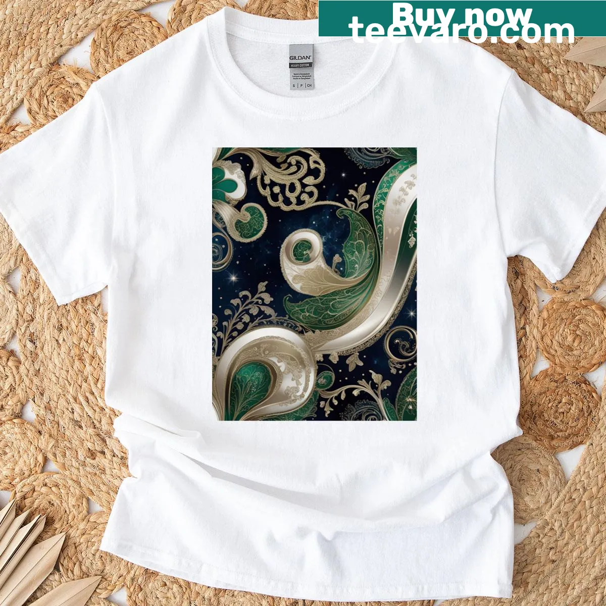 Ornamental pattern T-shirt featuring gold-inspired symmetrical design — on a men's t-shirt