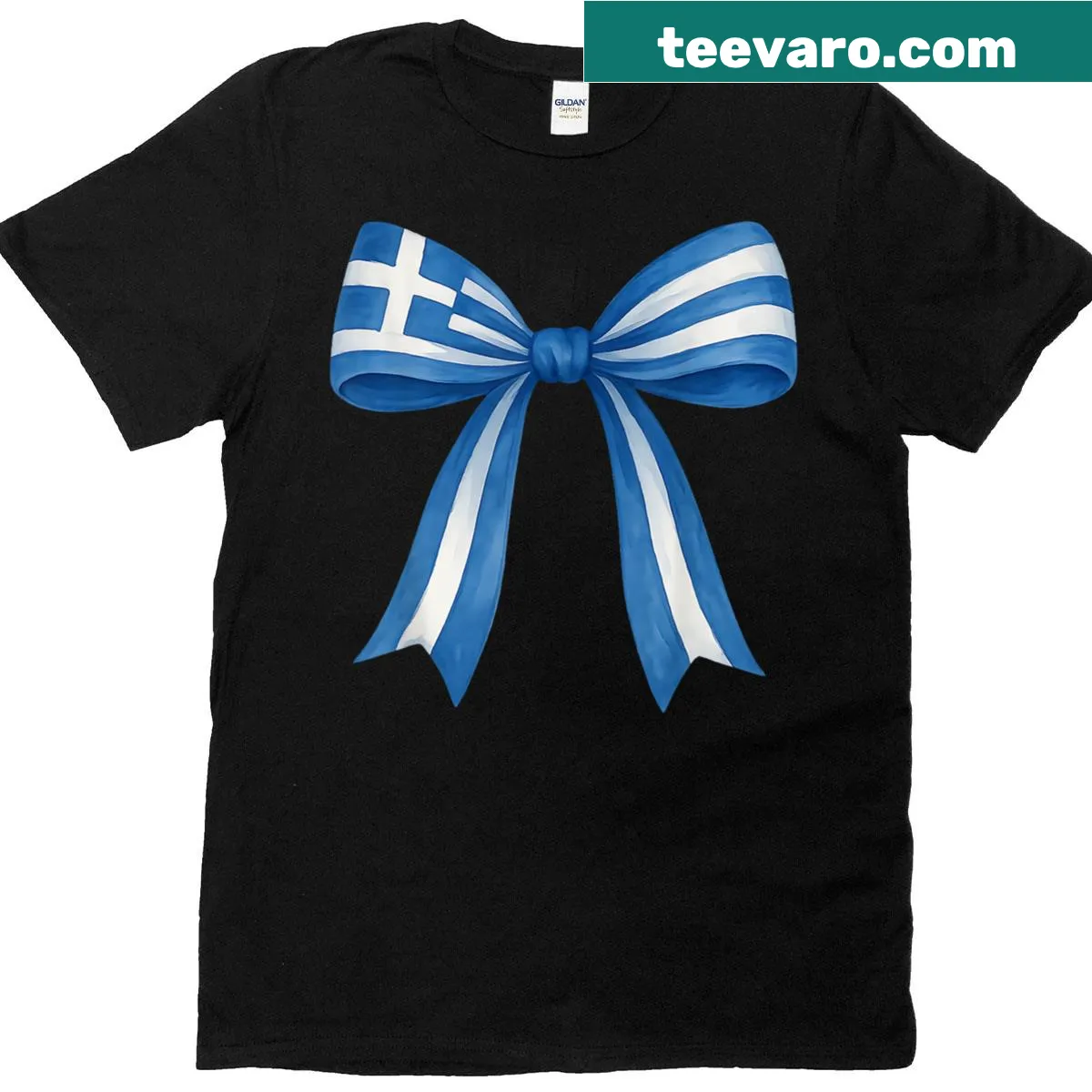 Cute T-shirt for women featuring Greek girl with bow and flag illustration — on a men's t-shirt