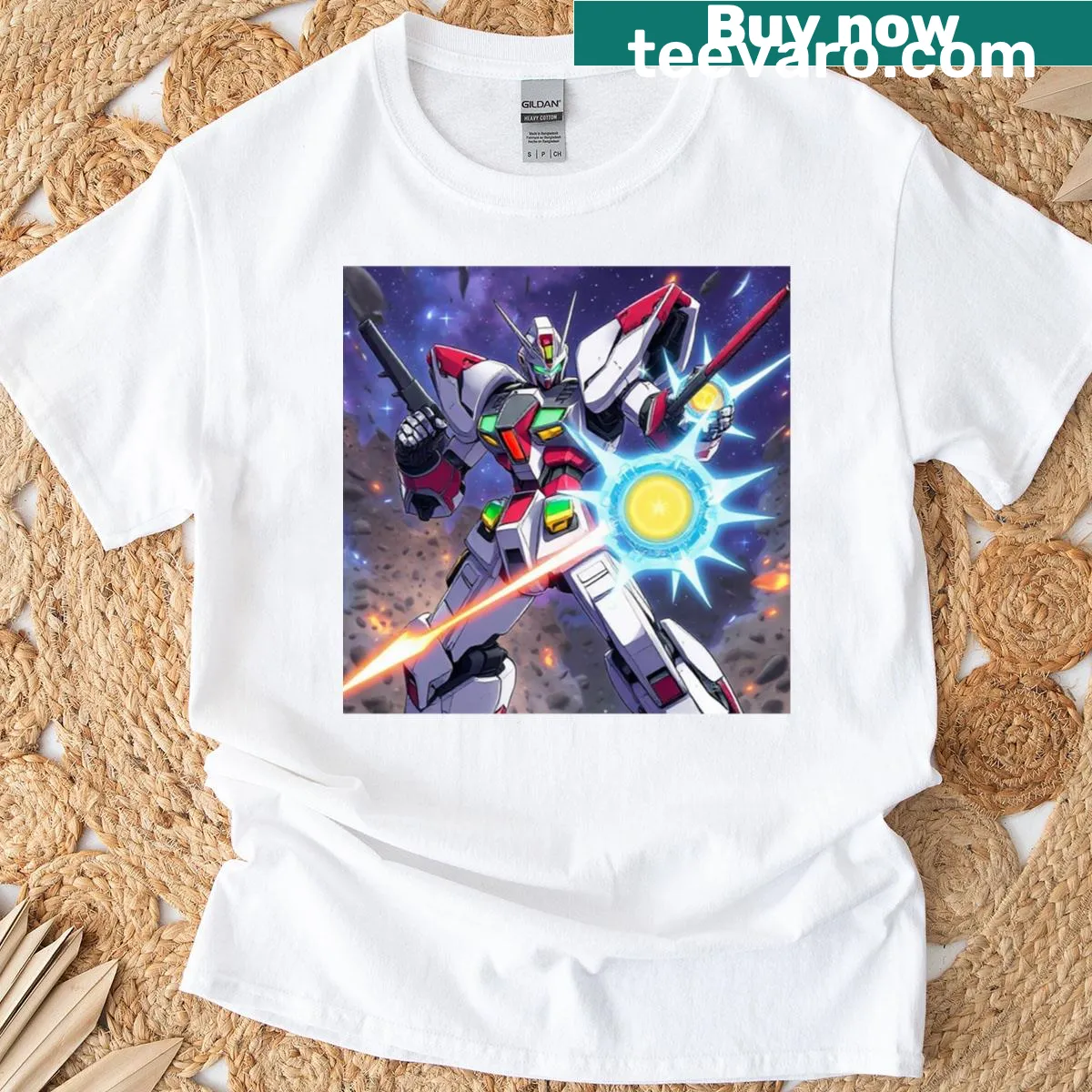 Gundam Fighter t-shirt with a detailed illustration of a Gundam robot — on a men's t-shirt