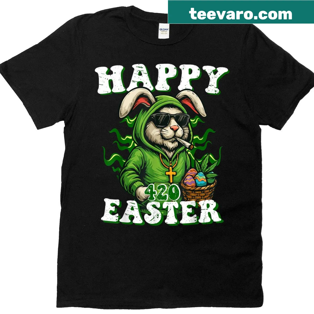 Funny Easter bunny smoking with eggs graphic T-shirt — on a men's t-shirt