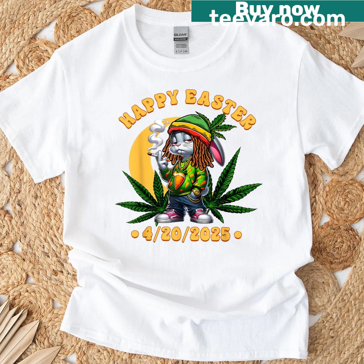Funny Easter Bunny T-shirt with weed smoking graphic — on a men's t-shirt