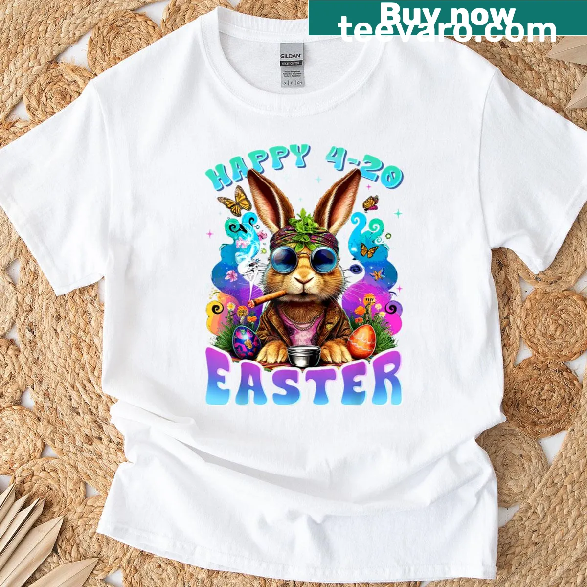 Funny Easter Bunny T-shirt with smoking graphic and playful design — on a men's t-shirt
