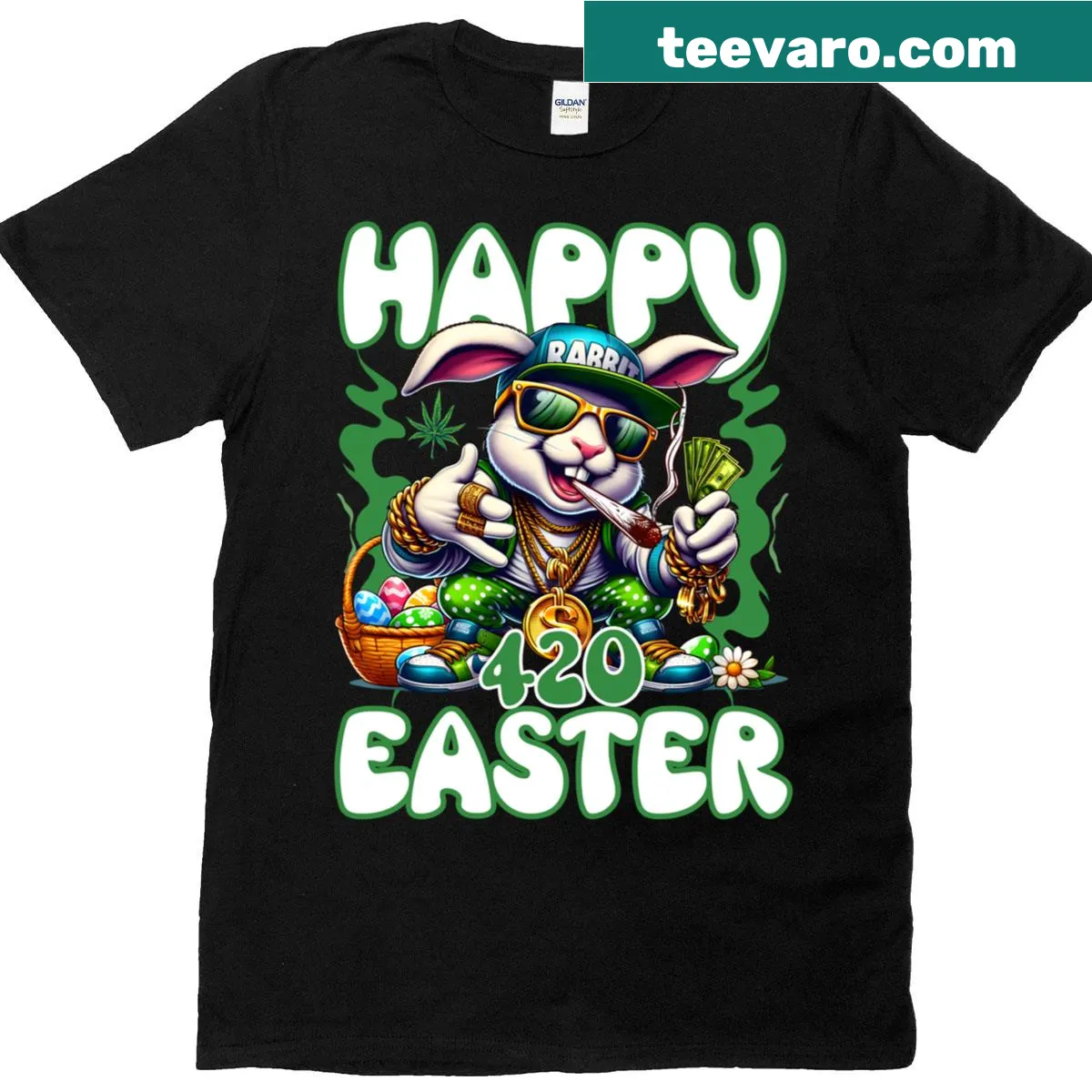 Funny Easter Rabbit T-shirt featuring a smoking bunny graphic. — on a men's t-shirt