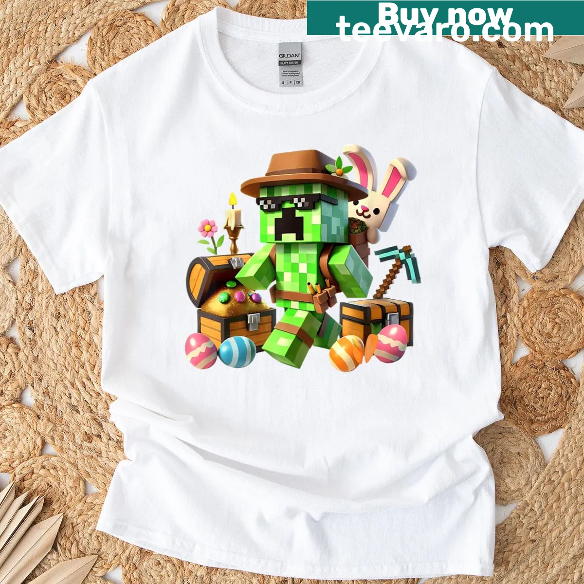 Pixel art Easter Bunny and eggs graphic T-shirt — on a men's t-shirt